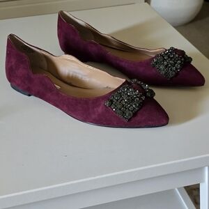 Audrey Brooke Elegant Burgundy Leather Suede Flats with Embellished Bow